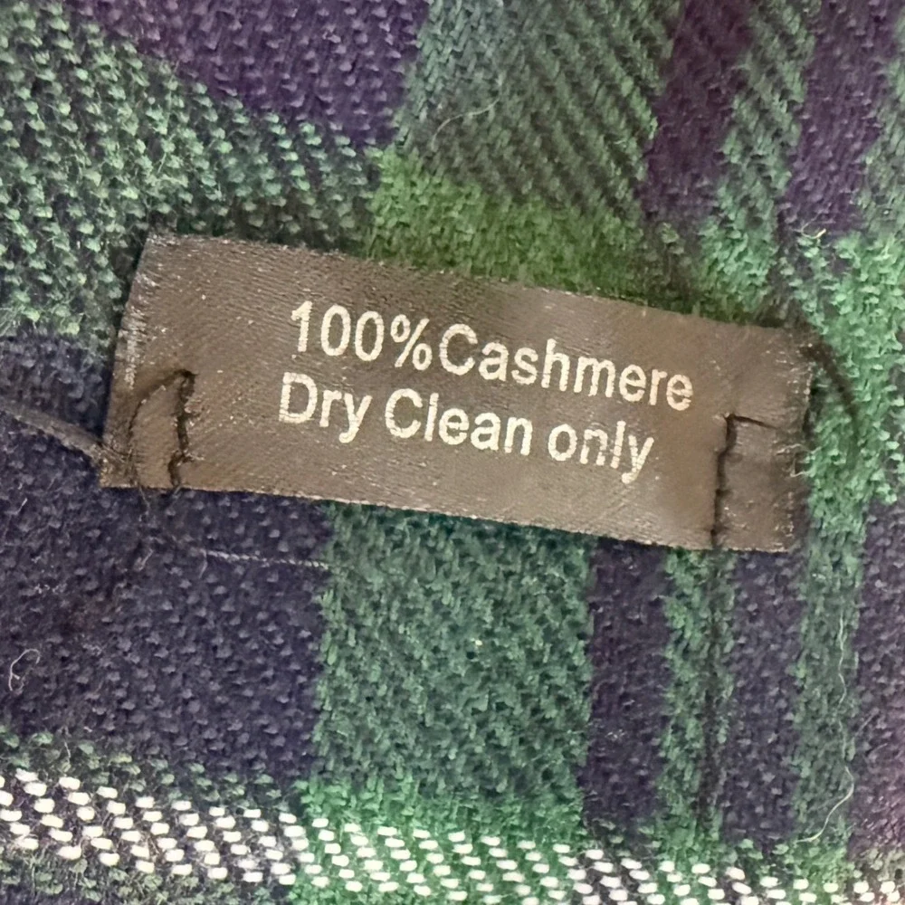 100% Cashmere Plaid Scarf Green Blue Yellow Fringe 12x66